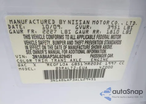 2010 Nissan Sentra 2.0S z USA, uszkodzony, nr VIN 3N1AB6AP3AL629451